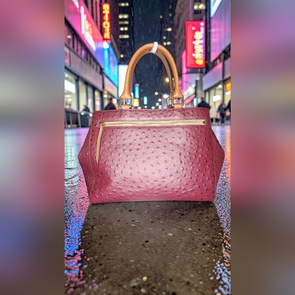 Dooney & Bourke Burgundy Ostrich Zip Satchel With Tan Handles - Picture 3 of 16